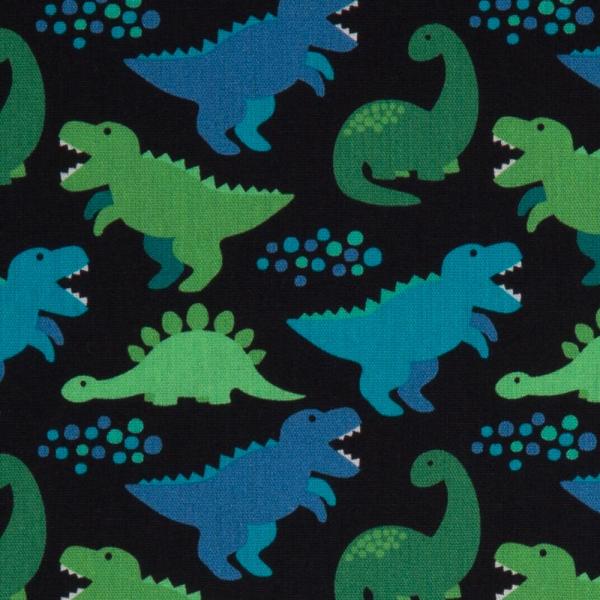 Baumwolldruck Dinos Blau/Grün auf Schwarz von Swafing